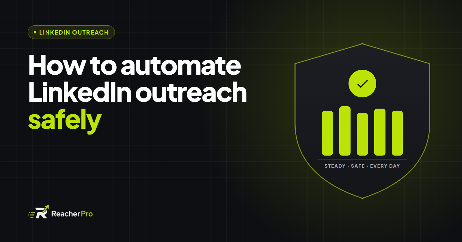 A steady line of LinkedIn activity inside a shield, next to the title "How to automate LinkedIn outreach safely