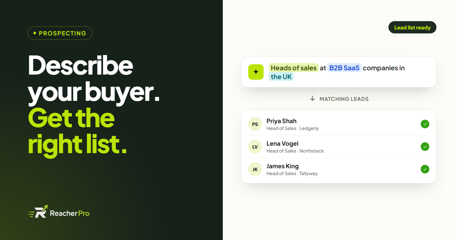 A plain-language audience prompt with its role, industry and location highlighted, turning into a list of matching leads, beside the line "Describe your buyer. Get the right list.